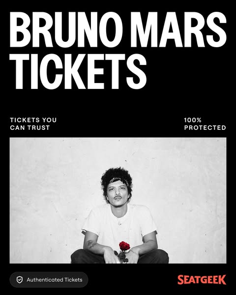 This ad for SeatGeek features a black and white image of Bruno Mars and promotes the sale of tickets to his concert.