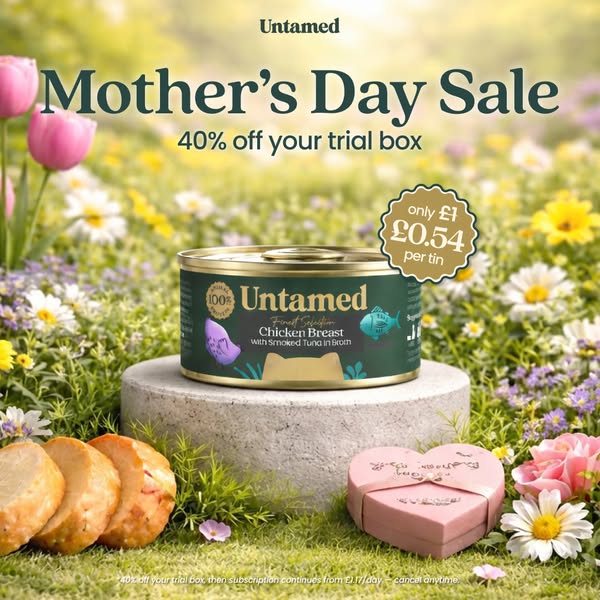 This image ad for Untamed cat food promotes a Mother's Day sale with a 40% discount on a trial box. The ad is set in