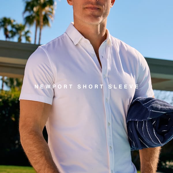 This is an ad for a short sleeve Newport shirt. The ad features a man in a white shirt holding a towel in an outdoor set