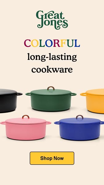 This ad showcases Great Jones colorful and long-lasting cookware. The ad features five dutch ovens in different colors a
