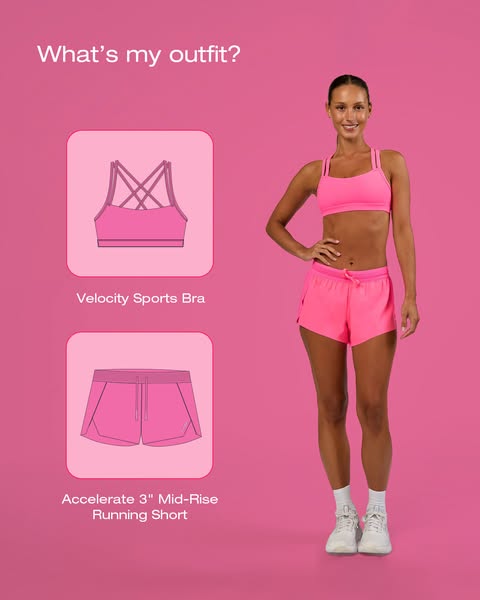 The ad features a model wearing activewear. Two images of the sports bra and shorts are in the left of the frame.