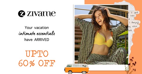 This image ad for Zivame features a woman in vacation attire, including a bright yellow bra, to highlight the brand'