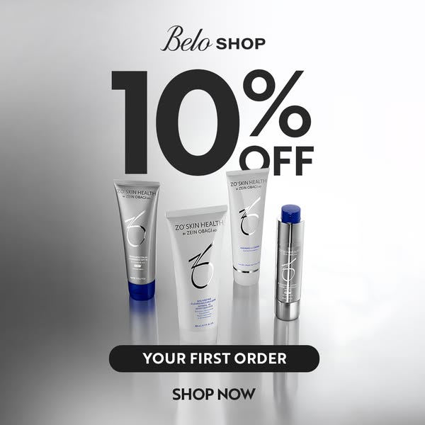 Image ad for Belo Shop promoting a 10% discount on first orders of ZO Skin Health products.