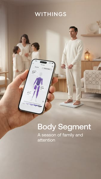 This ad shows a family in their home, highlighting a man using a Withings body scale that measures body segment metrics,