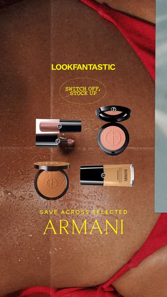 This image ad showcases multiple Armani beauty products available for purchase from LookFantastic. The ad features an of