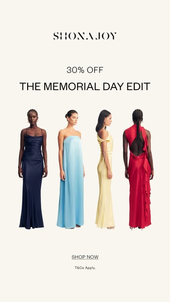 This image ad for Shona Joy features four women wearing dresses in different colors. The ad promotes a Memorial Day sale