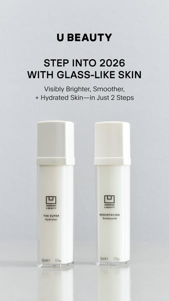 An image ad for U Beauty products featuring a headline that prompts viewers to 'Step into 2026 with Glass-Like Skin&