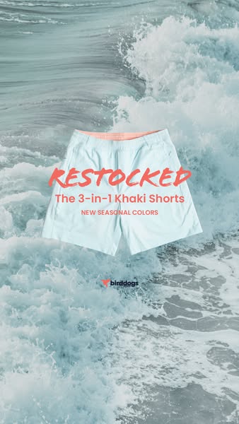 This ad showcases Birddogs 3-in-1 Khaki Shorts that have been restocked in new seasonal colors.