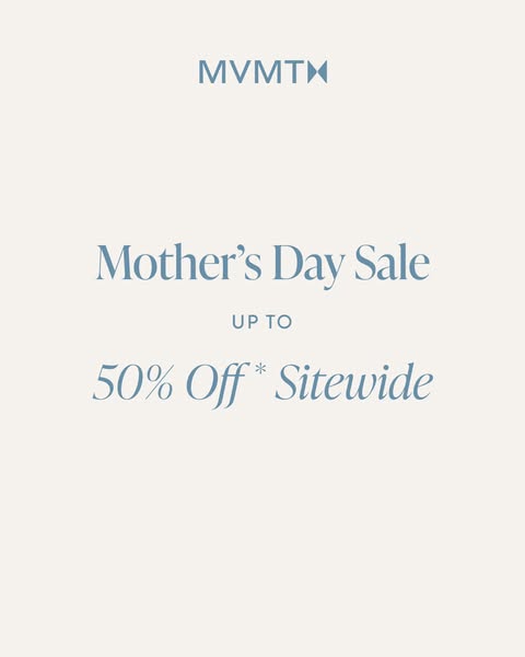 This image promotes a Mother's Day sale from MVMT, offering up to 50% off sitewide.