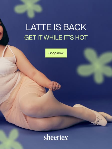 This image ad for Sheertex promotes its Latte colored sheertex with a woman laying on a blue surface with light green fl