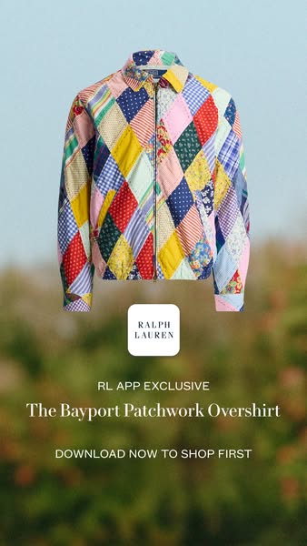 This image ad showcases the Bayport Patchwork Overshirt. It features a product shot of the jacket, emphasizing the exclu