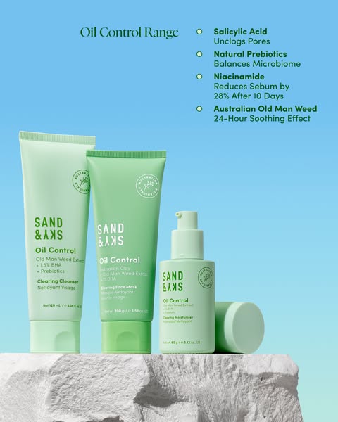 The ad showcases the Sand & Sky Oil Control product range, highlighting its key ingredients and benefits for control