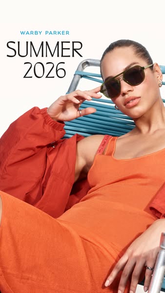 This ad for Warby Parker sunglasses features an attractive woman in a summery orange dress and jacket, lounging in a lig