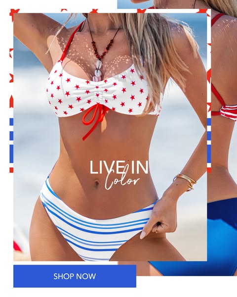 An advertisement for a women's bathing suit featuring a white top with red stars and blue and white striped bottoms.
