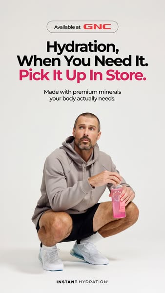 This image ad promotes a hydration drink mix that contains premium minerals. It is available at GNC. The ad features an 