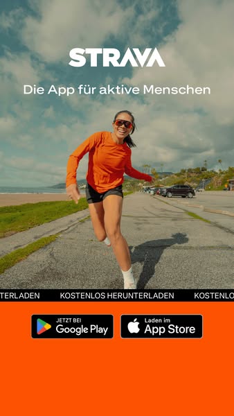 This image ad for Strava features a woman running on a road near a beach. The ad encourages users to download the app fo