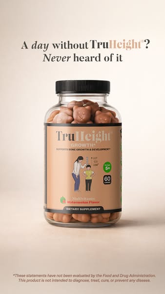 This ad showcases TruHeight Growth Multivitamin dietary supplement in the watermelon flavor. The ad emphasizes the impor