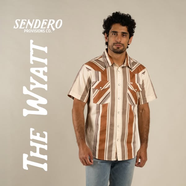 A product shot of a man wearing a Sendero Provisions Co. "The Wyatt" shirt. The brand and shirt name are super