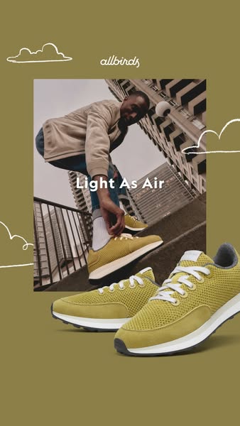 This image ad features Allbirds shoes and the text, "Light As Air."