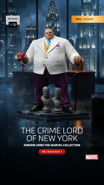 This image ad promotes a Kingpin statue from the Marvel collection, emphasizing its art scale and availability for pre-o