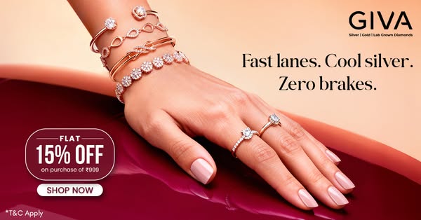 This ad for Giva features a close-up of a hand adorned with rings and bracelets from the brand, set against a backdrop o