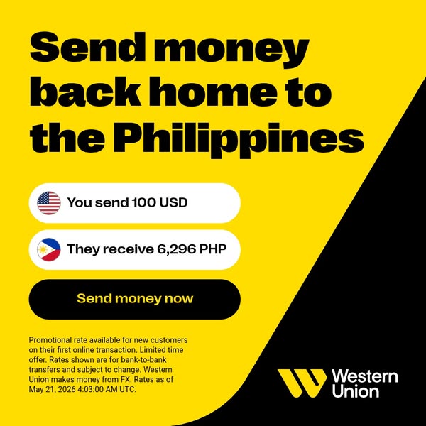 This image ad promotes Western Union's money transfer service to the Philippines. It highlights a promotional rate f