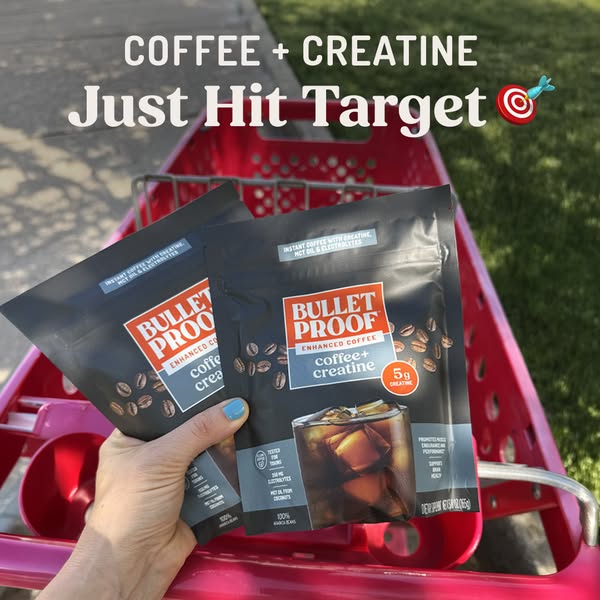 An image ad shows Bulletproof coffee+creatine single-serving packets in a shopping cart to suggest that the product is n
