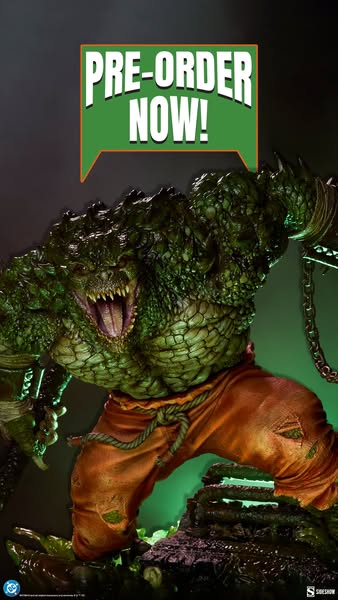 This Sideshow Collectibles ad promotes the pre-order of a Killer Croc statue, with an image of the statue against a mute