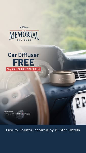 This ad for Hotel Collection promotes a car diffuser with luxury scents inspired by 5-star hotels. It highlights a Memor