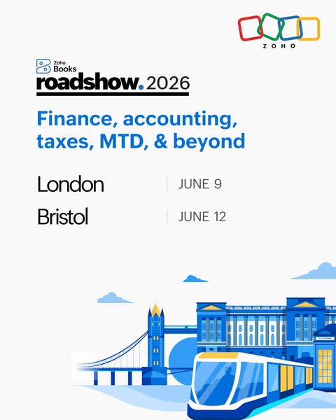 An advertisement for a Zoho Books Roadshow event in London and Bristol in June 2026. The ad uses a minimalist design wit