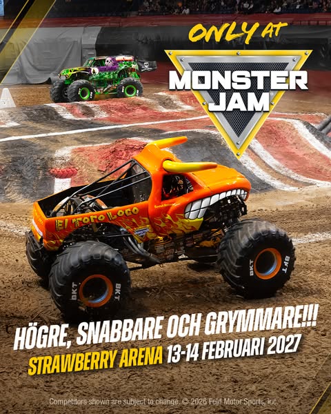 This image ad promotes a Monster Jam event at the Strawberry Arena on February 13-14, 2027, featuring monster trucks.