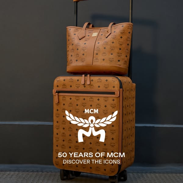 This ad showcases MCM's luggage set, highlighting the brand's anniversary. The ad features a suitcase with a tot