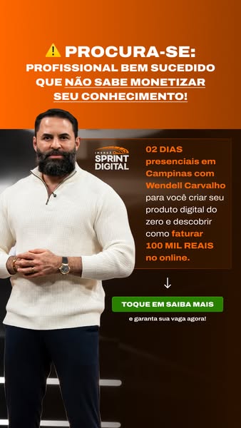 The ad promotes a 2-day in-person event in Campinas with Wendell Carvalho to teach attendees how to create a digital pro