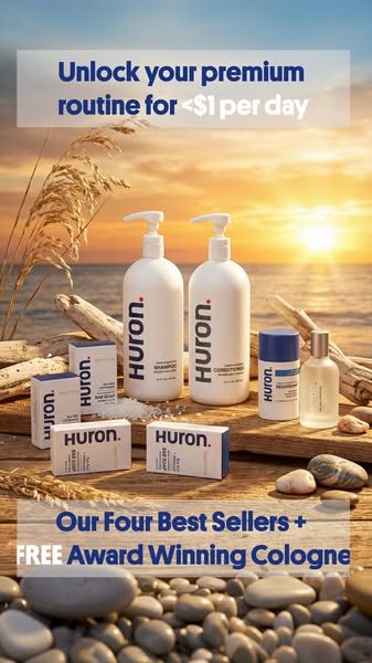 This ad for Huron features several of their best-selling products, including shampoo, conditioner, deodorant, bar soap, 