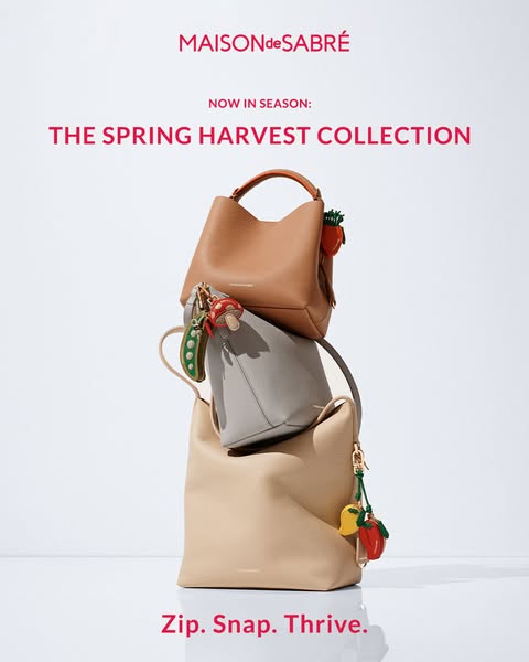 This image ad showcases Maison de Sabre's Spring Harvest Collection, featuring a stack of three leather handbags in 