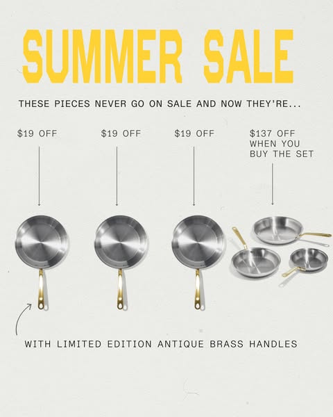 The ad promotes a summer sale on cookware, specifically individual pans and a set, with discounts ranging from $19 off i