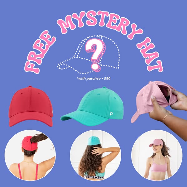 This image ad promotes a mystery hat from a brand that sells athletic apparel, available as a free gift with purchases o