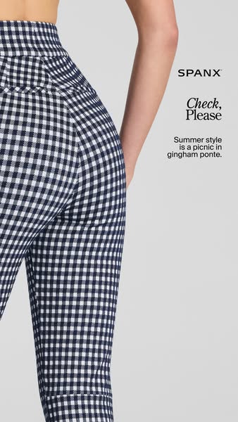 This image ad focuses on Spanx gingham ponte pants. The ad features a close up of a person wearing the pants with the br