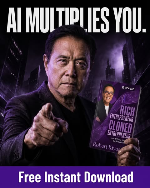 This ad features an image of Robert Kiyosaki holding his new book about AI and entrepreneurship. The headline states the