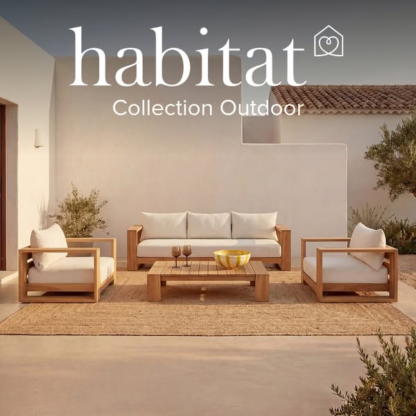 The ad shows an outdoor seating set with the headline "habitat Collection Outdoor".