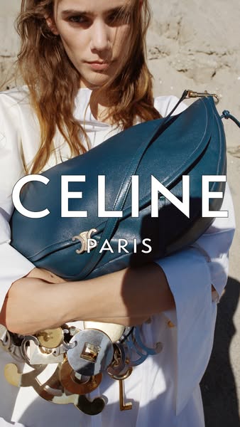 This ad features a woman holding a CELINE handbag. The brand name is written across the center of the image. The woman i