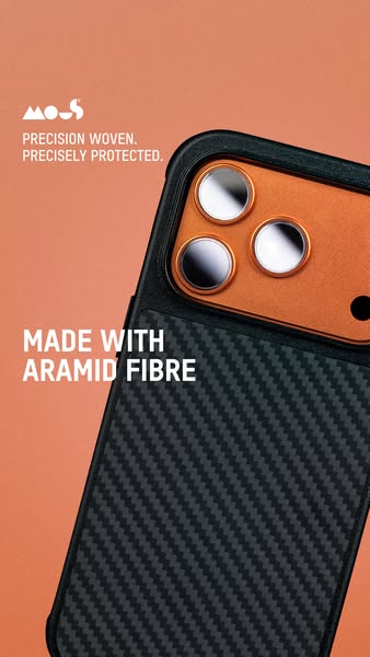 This image ad showcases the protective features and material of a phone case, highlighting its precision woven design an
