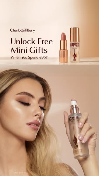 An image ad for Charlotte Tilbury featuring their Airbrush Flawless Setting Spray and a promotion of free mini gifts whe