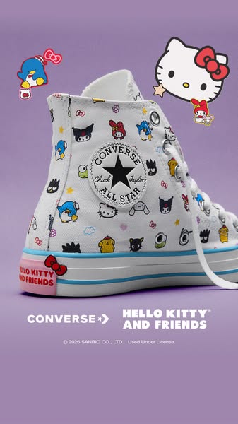 The ad showcases the Converse brand in collaboration with Hello Kitty and Friends. The image highlights a high-top Conve