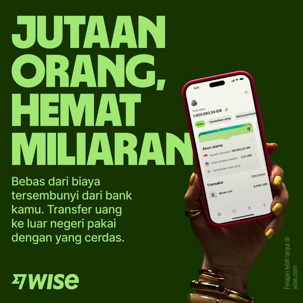 This ad uses a phone displaying the Wise app to advertise the savings available to their millions of users when using th