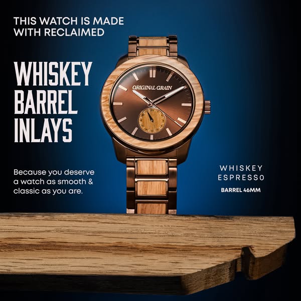 This image ad showcases a men's watch from Original Grain, which is made from reclaimed whiskey barrels. The ad emph
