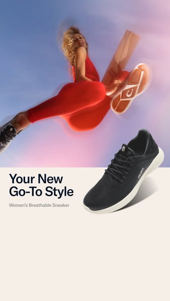 This ad promotes breathable sneakers from the brand Okabashi. The ad features a person jumping, showcasing the shoe in m