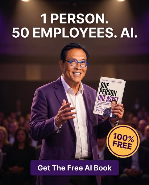 The ad features Robert Kiyosaki promoting his book, "One Person One Asset," emphasizing the benefits of AI for