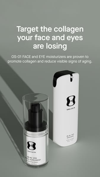 The ad features skincare products that target collagen loss for the face and eyes. The products are displayed on a solid