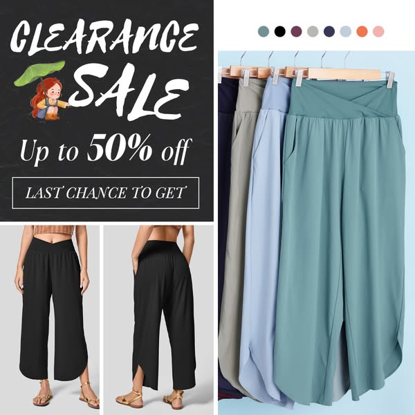 This image ad promotes a clearance sale of women's pants, highlighting a specific style with a high waist and tulip 